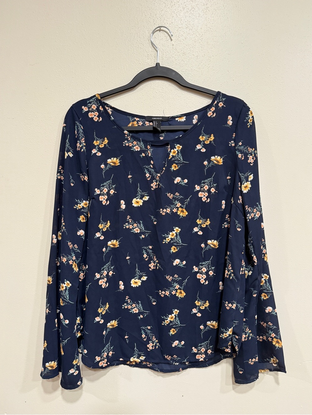 Forever 21 Navy Floral Long Bell Sleeve Blouse